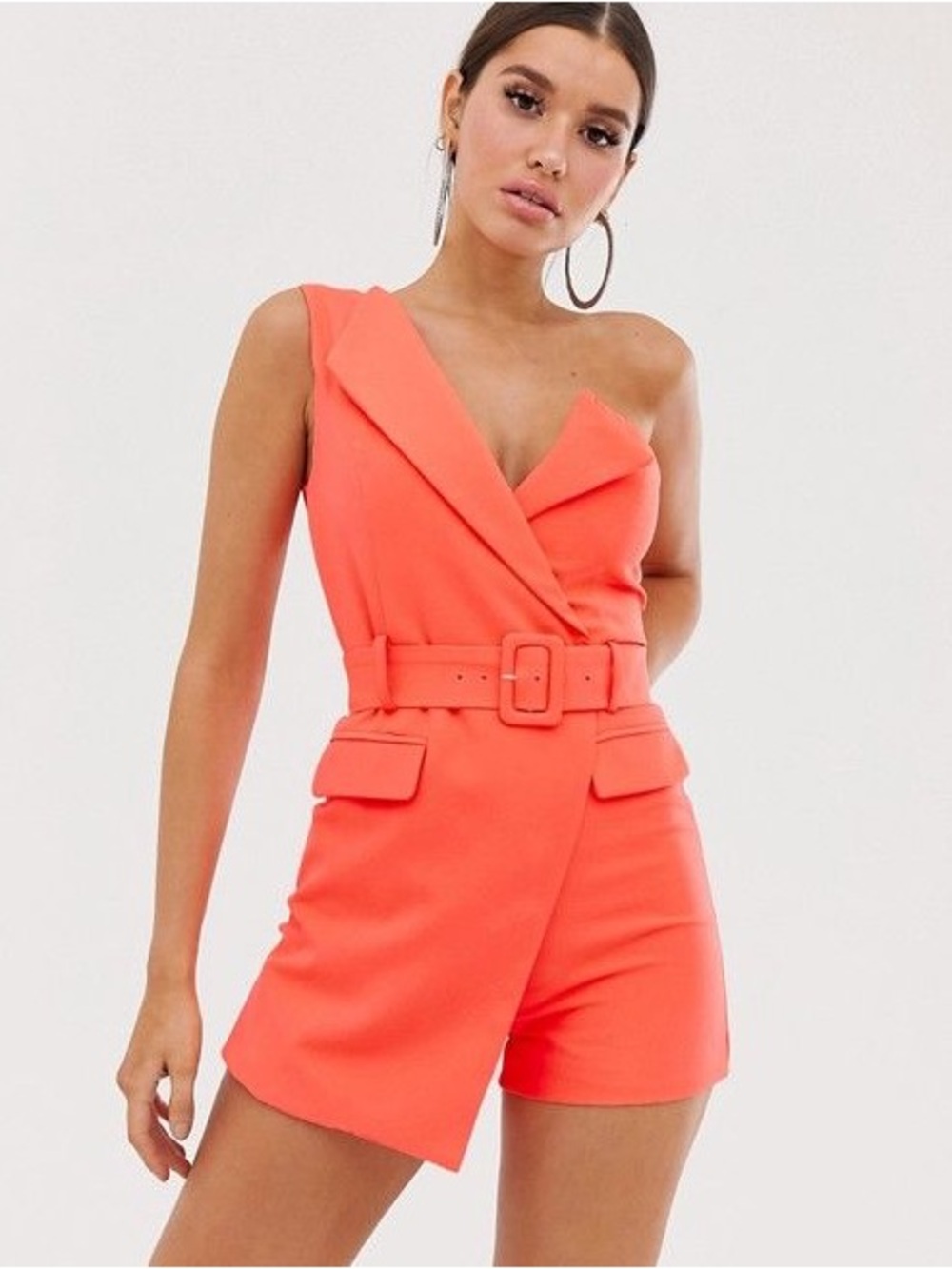 Lavish Alice One-Shoulder Coral-Orange Belted Romper size 8